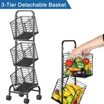 Fruit Basket Stand, 3 Tier Stackable Metal Wire Basket Cart With Rolling Wheels - £43.95 GBP