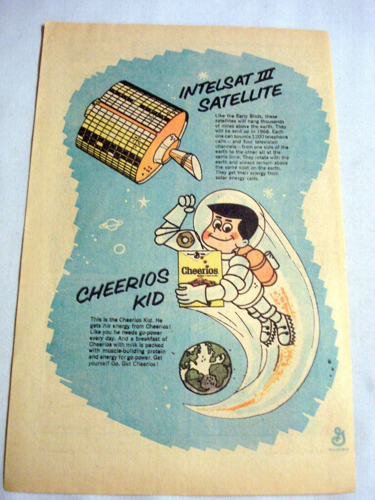 Primary image for 1968 Cheerios Ad Featuring Cheerios Kid & Intelsat III Satellite General Mills
