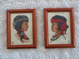 PAIR Framed NATIVE AMERICAN CHILDREN Cross Stitch WALL HANGINGS - 6&quot; x 8... - £8.92 GBP