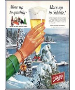 1958 Schlitz Beer PRINT AD Lady Holding Beer Christmas &amp; Snow Covered La... - $9.89