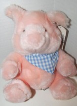 Russ Berrie plush Pink Pickles Pig seated blue gingham checked scarf w/ ... - $9.89