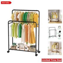 Rolling Clothes Rack with Double Rods - Stylish Black Metal for Easy Mob... - $75.19