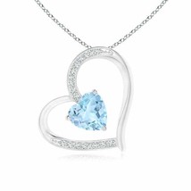 Aquamarine and Diamond Tilted Heart Pendant in Silver (Grade- AAA, Size- 6MM) - £297.13 GBP