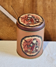 Vintage Christmas Tin 5&quot; Tall Cylinder Brown Container Santa Toys Reindeer - $14.96