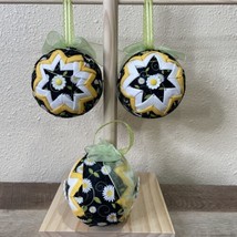 Yellow Quilted Folded Star Ball  Tree Ornament Homemade Lot Of 3 Hand Crafted - £13.18 GBP