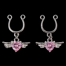 1 Pair Crystal Angel Wing Heart Dangle Clip On Earrings Fake Nipple Rings - £14.35 GBP