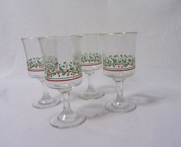 1993 Set Of 4 Glass Green Red Holly Ribbon Christmas 6 3/4&quot; Glasses Libbey - £11.90 GBP