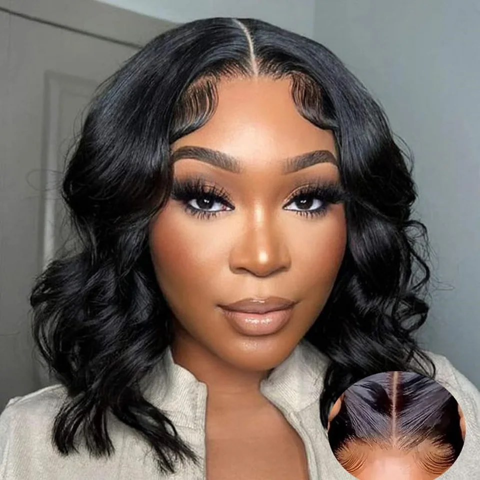 Wear and go glueless wig human hair short body wave bob wig pre cut 13x4 frontal thumb200