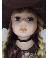 Lovely vintage Porcelaine Doll Brown Hat And Shoes Full Clothes Holding ... - £39.02 GBP