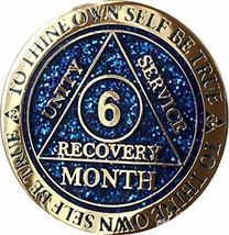 6 Month AA Medallion Reflex Blue Glitter Gold Plated Sobriety Chip - £13.44 GBP