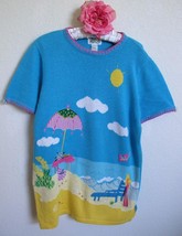 Vtg Quacker Factory Summer Beach Umbrella Sweater S Embellished Beaded Cotton - £17.57 GBP