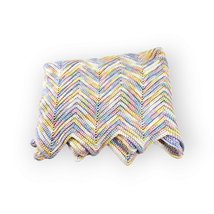 Crocheted Baby Blanket 37 x 48 Zig Zag Rainbow Colors Scalloped Edge - $19.78