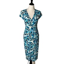 Joseph Ribkoff Faux Wrap Dress Blue Floral Print Stretch V Neck Women&#39;s ... - $49.49