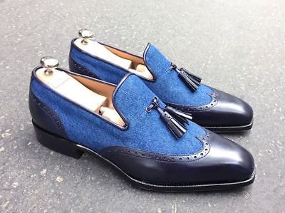 Handmade Men Tassels Wing Tip Leather & Fabric Formal Shoes los zapatos de cuero