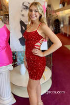 Sexy Backless Red Sequin Tight Short Homecoming Dress,Sparkle Cocktail Dresses P - £105.39 GBP