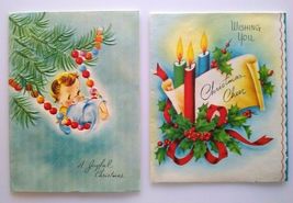Christmas Greeting Cards Lot Of 2 Vintage Cute Baby Swinging From Tree 1946 - $8.50