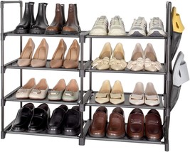 4 Tier Shoe Rack, 16-20 Pairs Narrow Expandable &amp; Stackable Shoe Storage, Black - £27.17 GBP