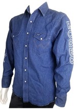 Wrangler Embroidered Pearl Snap Shirt Mens M Heavyweight Blue Denim 16 3... - $59.15