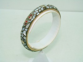 Vintage Bangle Bracelet Inlaid Mosaic Blue Opalescent Stones &amp; Filigree Brass? - £13.84 GBP