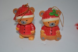 Vintage Mistletoe Plastic Teddy Bear Christmas Ornaments Lot of 2 Red Pajama Hat - £7.78 GBP