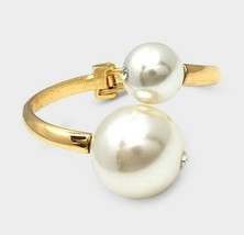 Big Gold Cream Pearl Rhinestone Hinged Style Fashion Bracelet Metal Jewelry - £20.57 GBP