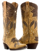 Womens Sand Leather Cowboy Boots Floral Embroidered Summer Western Snip Toe - £86.32 GBP