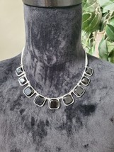 Silver Tone Black Square Acrylic Cabochon Statement Necklace - £14.05 GBP