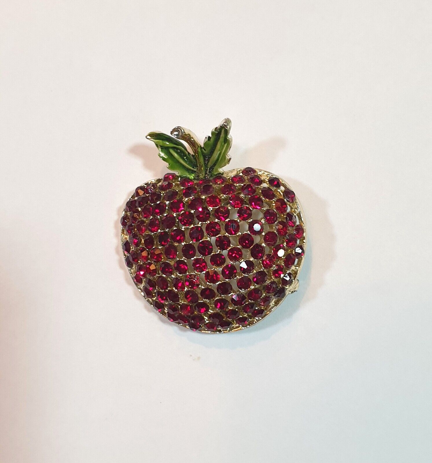 Vintage Brooch Apple with Red Rhinestones and Green Enamel Leaves - $37.62