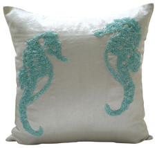 White Art Silk 16&quot;x16&quot; Beaded Sea Horse Throw Pillows Cover, Sea Horse Aqua - $461.44 MXN+