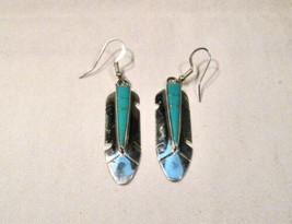 Sterling Silver Zuni Navajo Turquoise Inlay Leaf Dangle Earrings K055 - £120.75 GBP