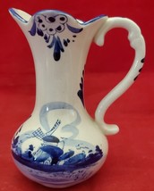 Delft Handpainted Small Bud Vase Creamer Pitcher Blue Holland Windmill 5&quot; - £7.76 GBP
