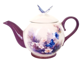 Vintage Lena Liu Tea Pot  1990&#39;s Telaflora Blossoms and  Butterflies Pur... - $21.78