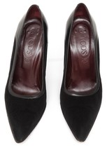 TOD&#39;S Black Leather Suede Pumps Pointed Toe Slip On Heel Sz 39.5 - £81.70 GBP