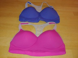 2 Victoria&#39;s Secret &quot;Love Pink&quot; Yoga Pushup BRAS-BLUE/PINK-NET BACK-L-BARELY Wor - £16.07 GBP
