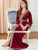 Moroccan Royal Islamic Dubai Red Georgette Abaya Kaftan Caftan Gown Velvet - £79.82 GBP