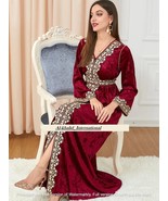 Moroccan Royal Islamic Dubai Red Georgette Abaya Kaftan Caftan Gown Velvet - $100.22