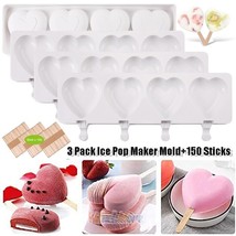 3X 3D Heart Shape Ice Cream Molds Silicone 4 Cavities Popsicle Molds +150 Sticks - £32.06 GBP