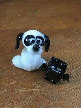 Lot of 2 Small Mini Black &amp; White Art Glass Scared Puppy Dog &amp; Scary Bat... - $13.99