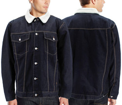 Men’s Dark Blue Cotton Button Up Trucker Jean Sherpa Lined Denim Jacket - $44.99
