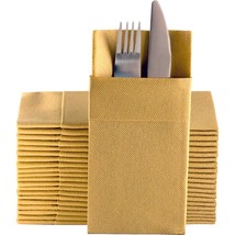 Gold Dinner Napkins Cloth Like With Built-In Flatware Pocket, Linen-Feel... - $49.99