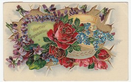 Vintage Postcard Heartiest Congratulations Flowers Embossed Gold Trim 1908 - £6.32 GBP