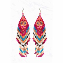 Aztec Pattern Seed Bead Fringe Tassel Statement Earrings Fuchsia - £11.61 GBP
