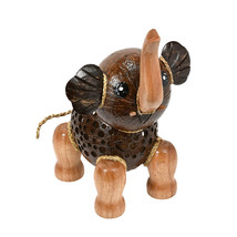 Adorable Happy Elephant Hand Carved Wood and Coconut Shell Animal Figurine - £19.93 GBP