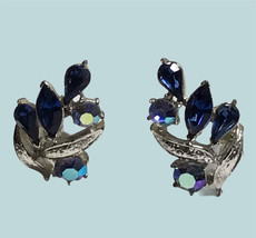 VINTAGE VENDOME SIGNED SHADES OF BLUE RHINESTONE Clip On EARRINGS - £35.55 GBP