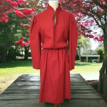 RK Originals Red Shirt Dress L Vintage 70s Long Puff Sleeve High Neck Pleats  - £31.27 GBP
