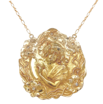 14k Gold Art Nouveau Large Figural Woman and Flowers Necklace w/Diamonds... - $2,790.81