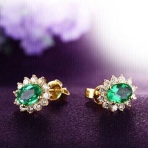 3.00Ct Oval Cut Simulated Emerald Fancy Stud Earring&#39;s 14K Yellow Gold Plated - £83.90 GBP