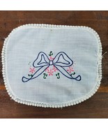 Vintage Handmade Embroidery Doily Blue Ribbon 8x7 Inch - $11.02 CAD