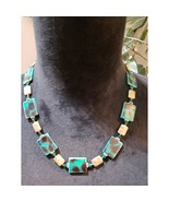 Womens Sea Blue Square Turquoise White Murano Link Stone Necklace with L... - $26.73