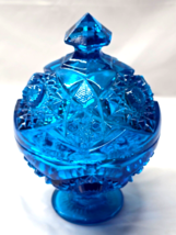 Vintage KEMPLE Cut Glass Covered Pedestal Compote Dish QUINTEC BLUE Fan ... - $28.68